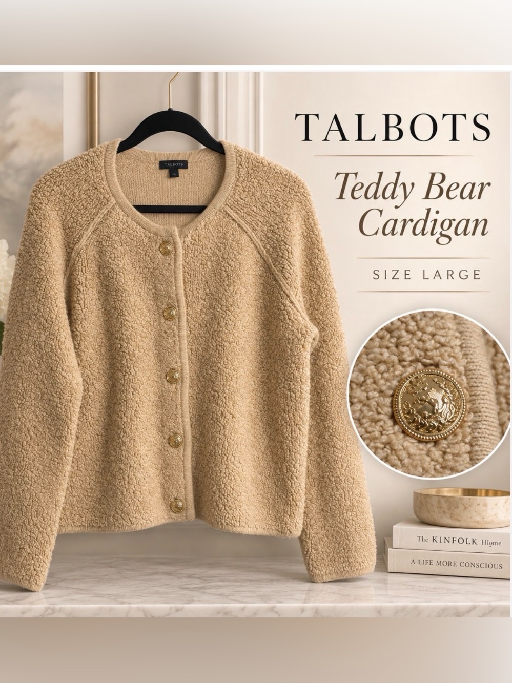 Talbots Boucle Teddy Bear Cardigan Sweater With Gold Buttons | Size Large